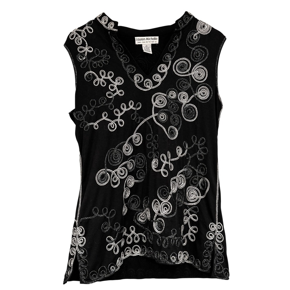 Lauren Michelle Black Silver Metallic Soutache Embroidered Sleeveless Top Large
